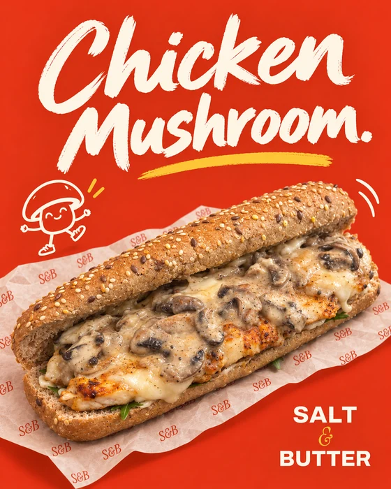 Chicken Mushroom on multiseed brown bread with creamy mushroom sauce